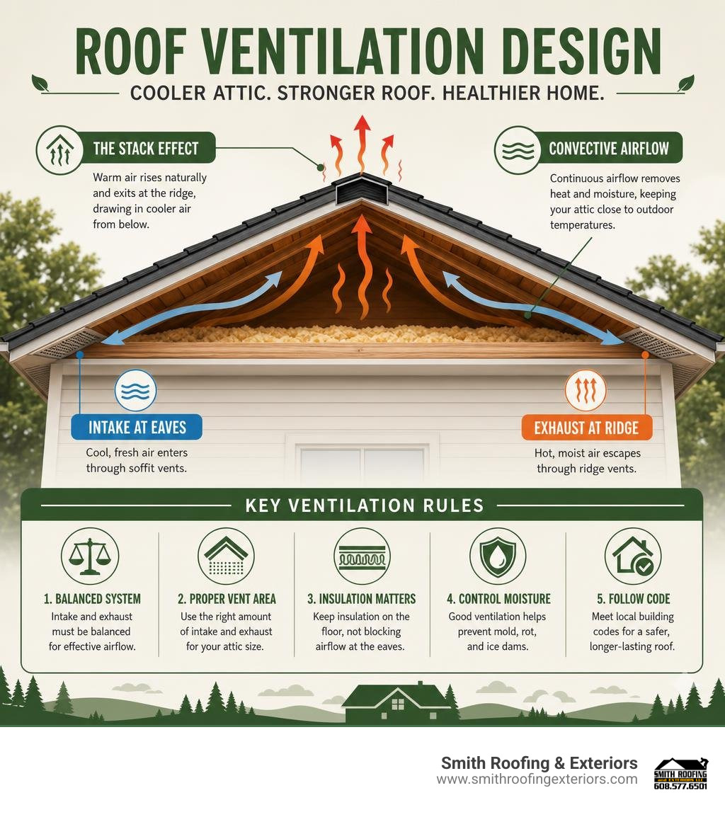 Infographic showing the stack effect, convective airflow, intake at eaves, exhaust at ridge, and key ventilation rules Infographic showing the stack effect, convective airflow, intake at eaves, exhaust at ridge, and key ventilation rules