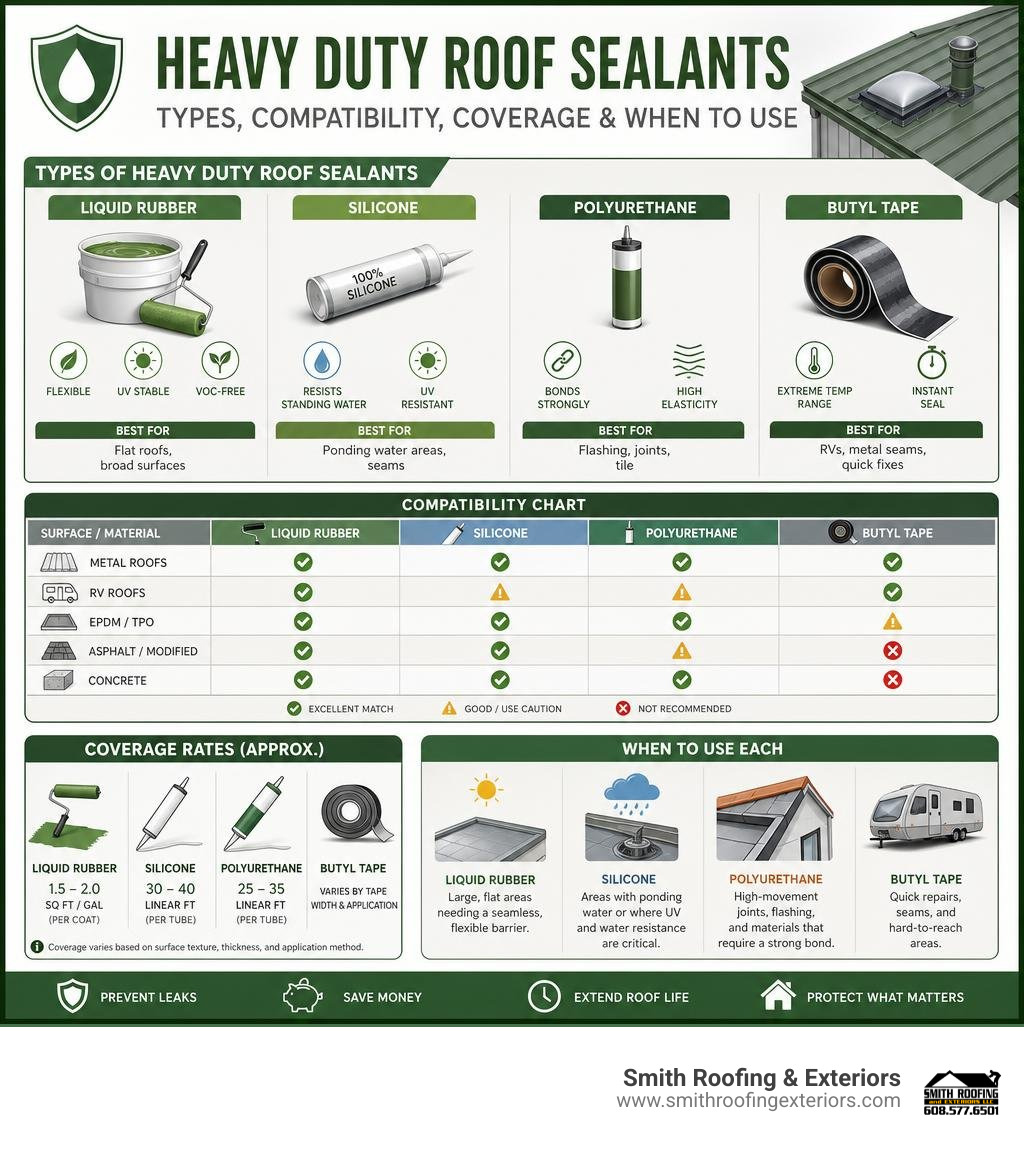 Types of heavy duty roof sealants, compatibility chart, coverage rates, and when to use each infographic Types of heavy duty roof sealants, compatibility chart, coverage rates, and when to use each infographic
