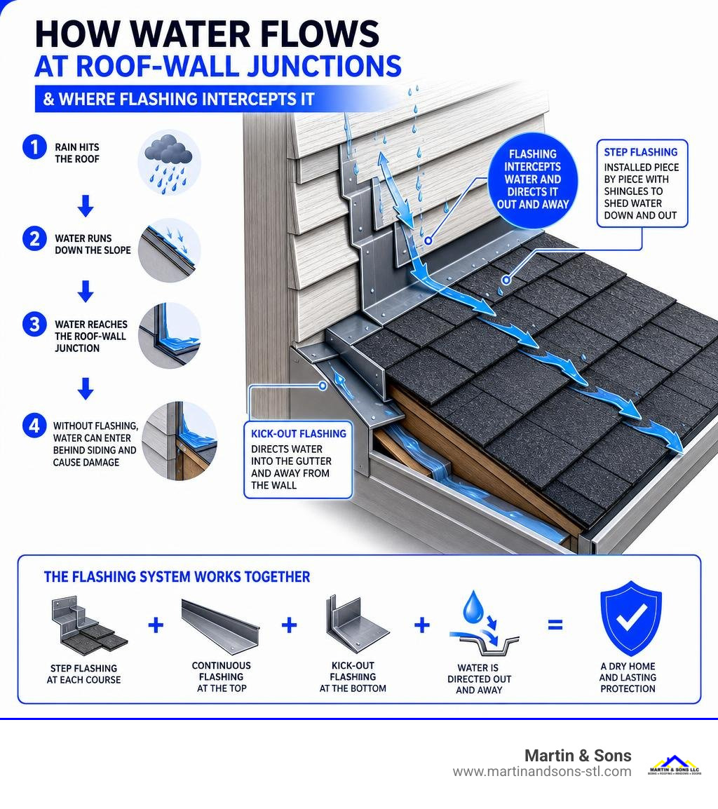 how water flows at roof-wall junctions and where flashing intercepts it infographic how water flows at roof-wall junctions and where flashing intercepts it infographic