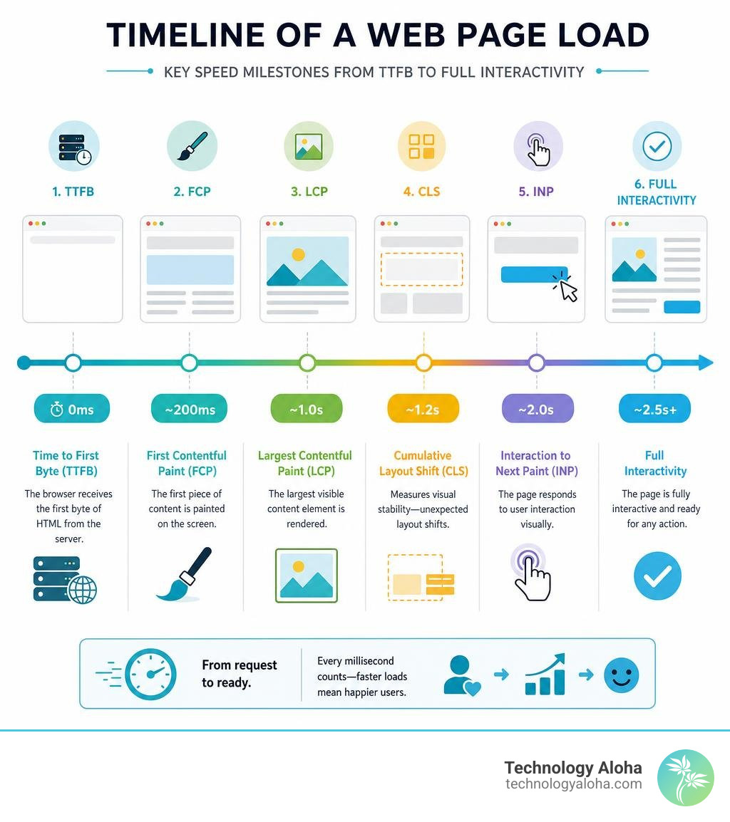Timeline of a web page load showing key speed milestones from TTFB to full interactivity infographic Timeline of a web page load showing key speed milestones from TTFB to full interactivity infographic