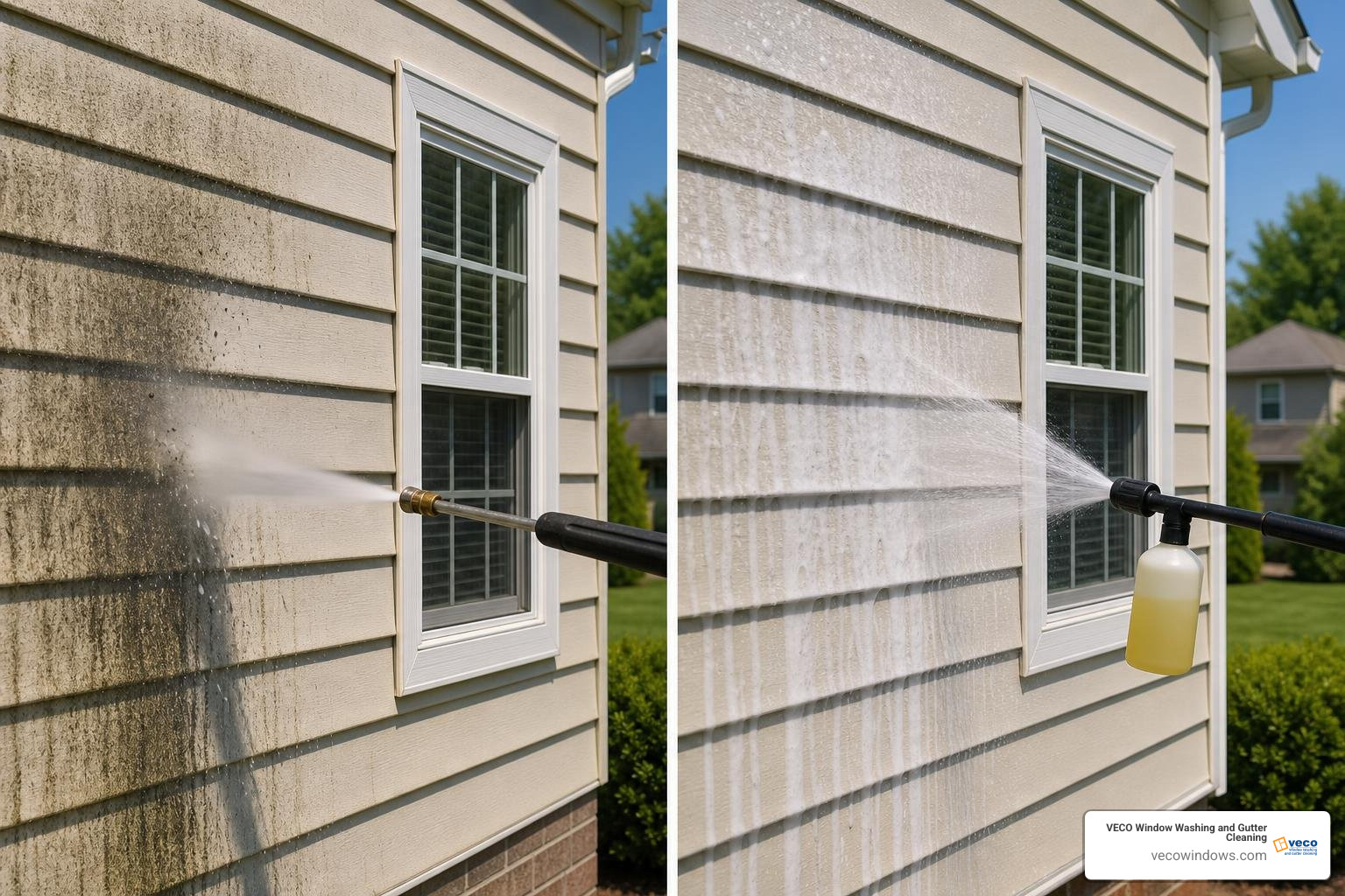 A visual comparison of high-pressure washing vs low-pressure bio soft washing on residential siding A visual comparison of high-pressure washing vs low-pressure bio soft washing on residential siding