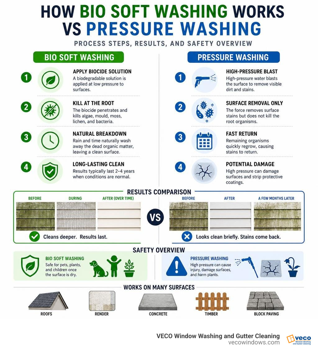 How bio soft washing works vs pressure washing: process steps, results, and safety overview infographic How bio soft washing works vs pressure washing: process steps, results, and safety overview infographic