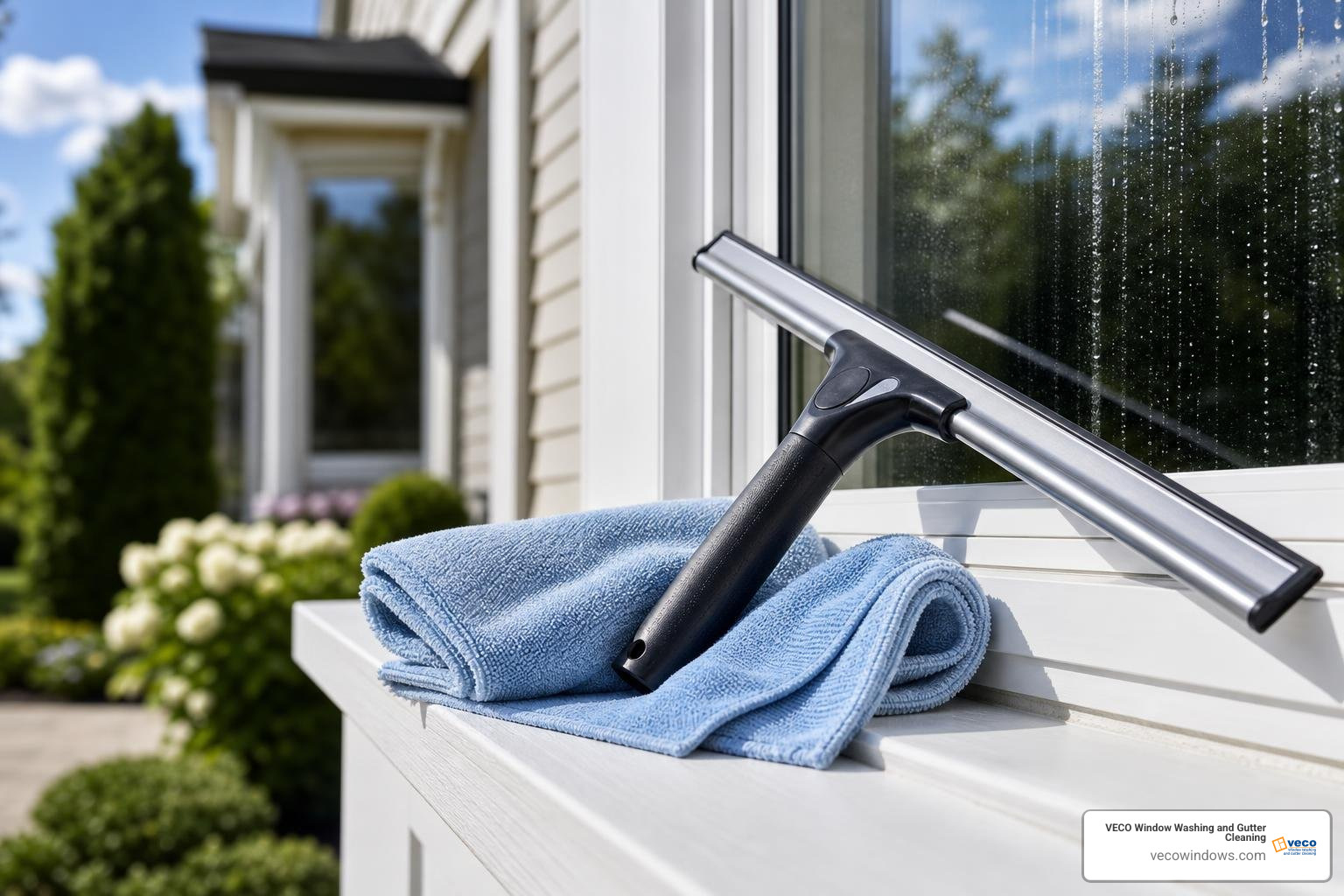 close up of a professional mobile window cleaning setup with squeegees and microfibers