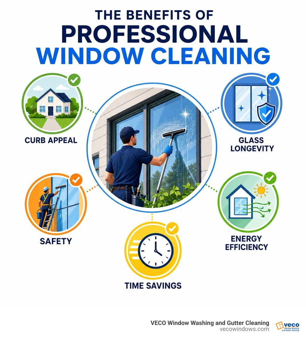 Benefits of professional window cleaning infographic: curb appeal, glass longevity, safety, energy efficiency, time savings
