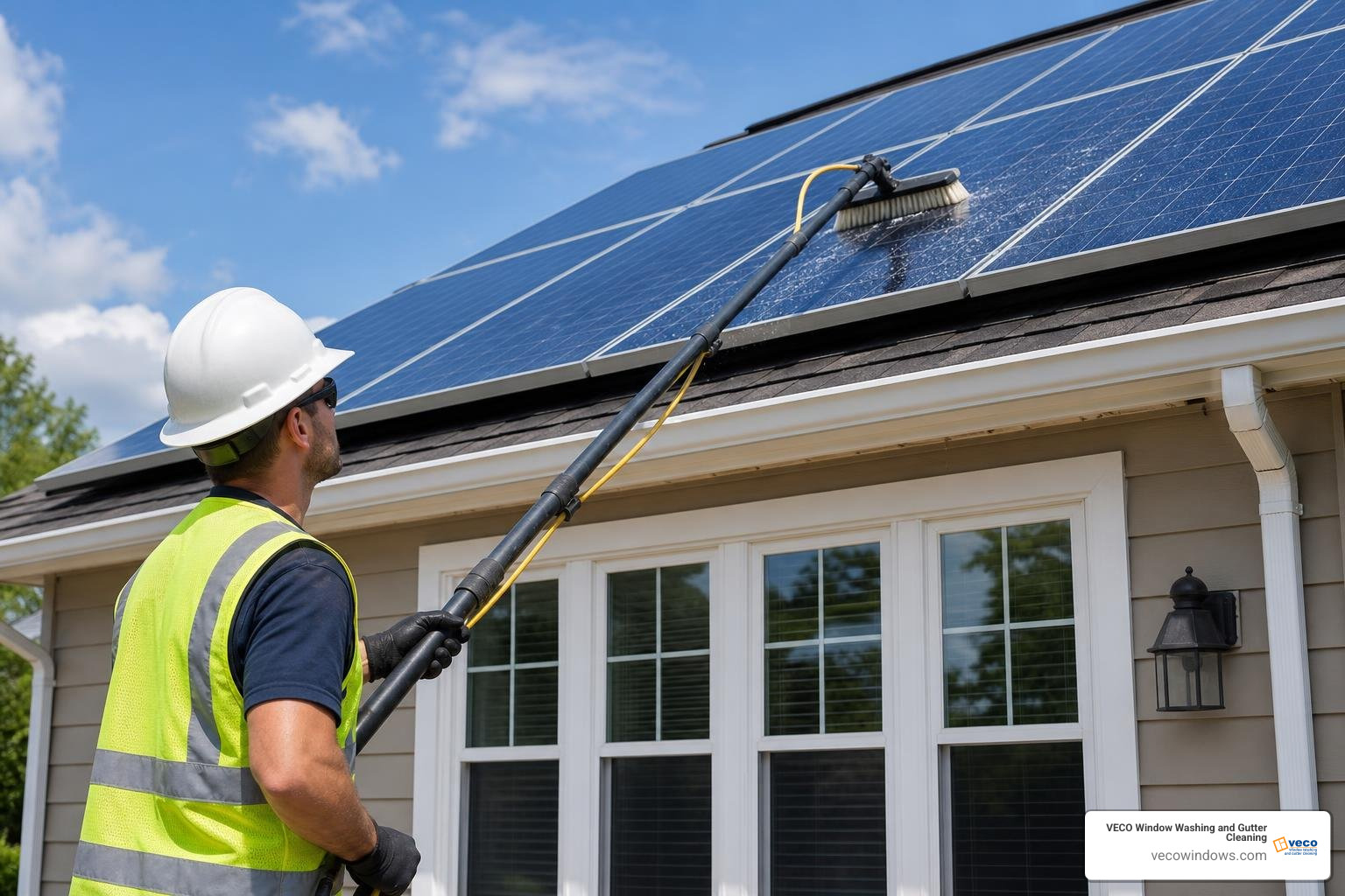 technician using water fed pole with de-ionized water on solar panels