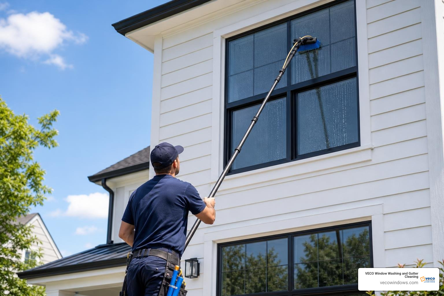 professional technician cleaning high windows safely