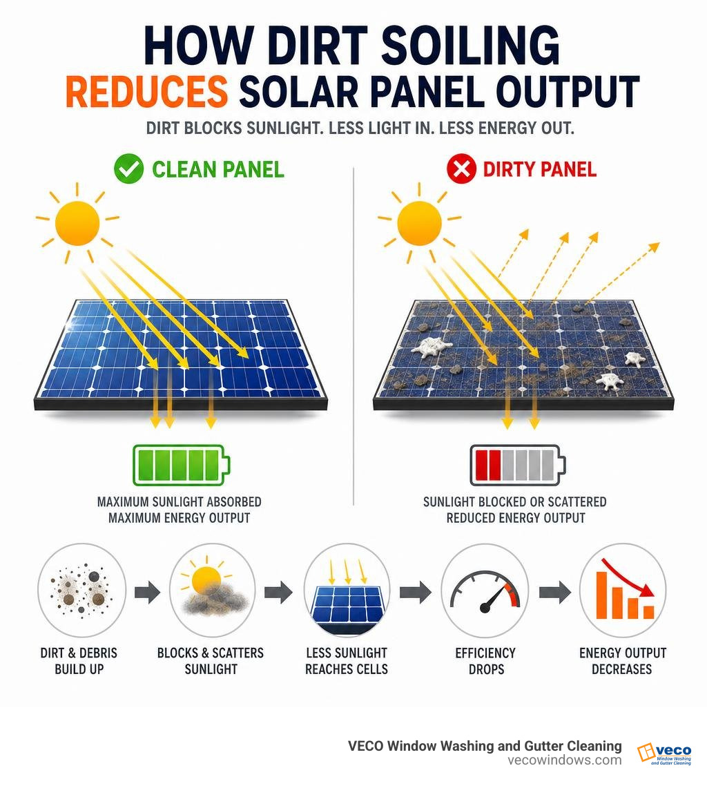 infographic showing how dirt soiling blocks sunlight and reduces LG solar panel efficiency output infographic