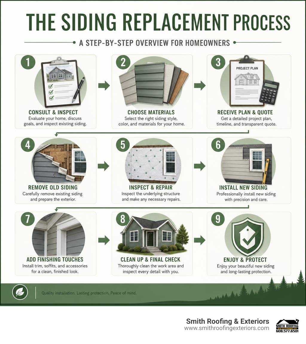 Step-by-step overview of the siding replacement process for homeowners infographic Step-by-step overview of the siding replacement process for homeowners infographic