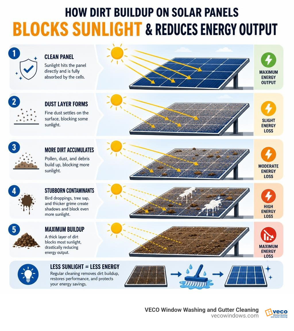 How dirt buildup on solar panels blocks sunlight and reduces energy output step by step infographic