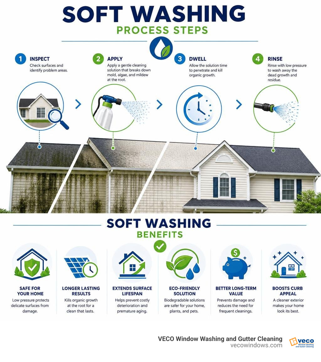 Soft washing process steps and benefits infographic for home exteriors infographic