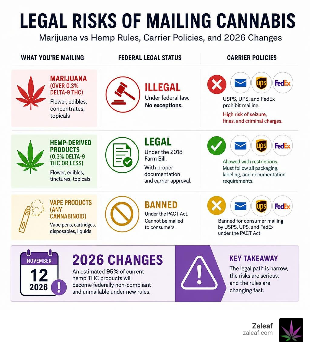 Legal risks of mailing cannabis: marijuana vs hemp rules, carrier policies, and 2026 changes infographic infographic Legal risks of mailing cannabis: marijuana vs hemp rules, carrier policies, and 2026 changes infographic infographic
