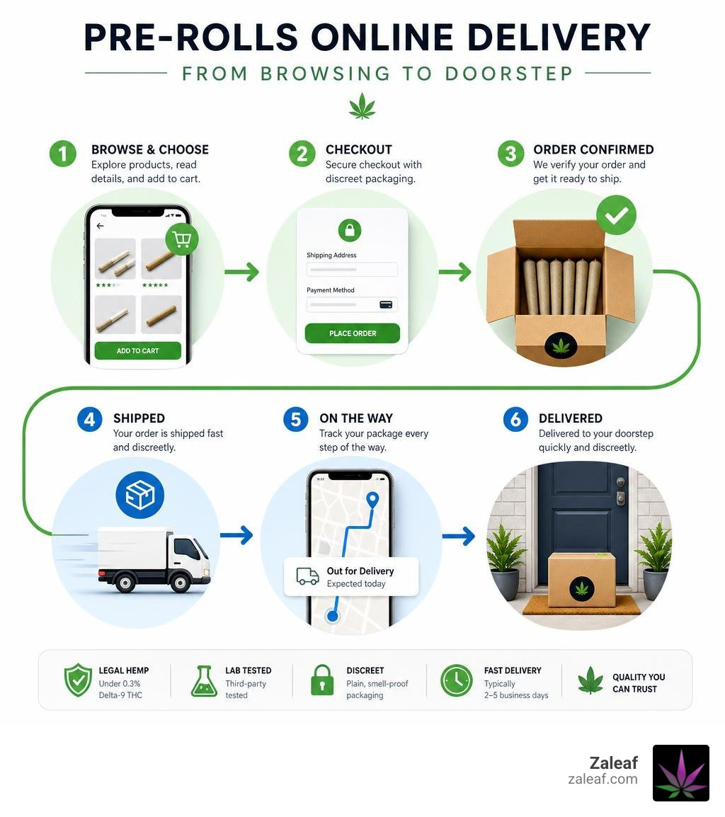 Infographic showing the pre-rolls online delivery process from browsing to doorstep infographic Infographic showing the pre-rolls online delivery process from browsing to doorstep infographic