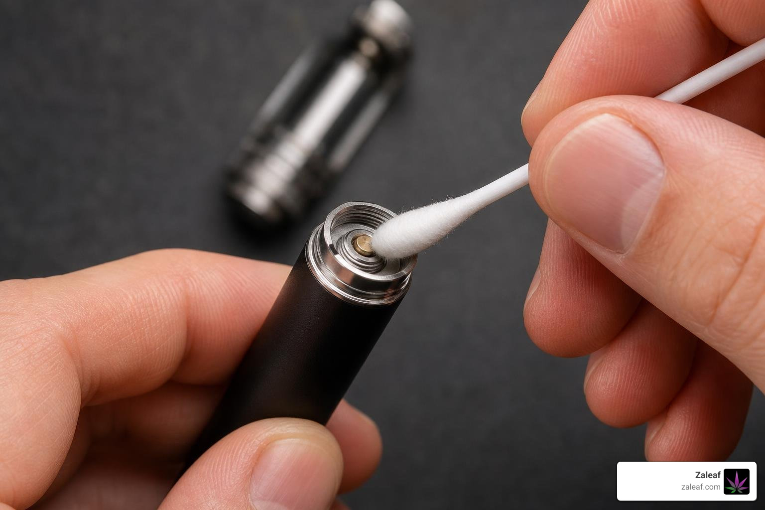 A hand cleaning the metal threads of a 510 vape battery with a cotton swab A hand cleaning the metal threads of a 510 vape battery with a cotton swab