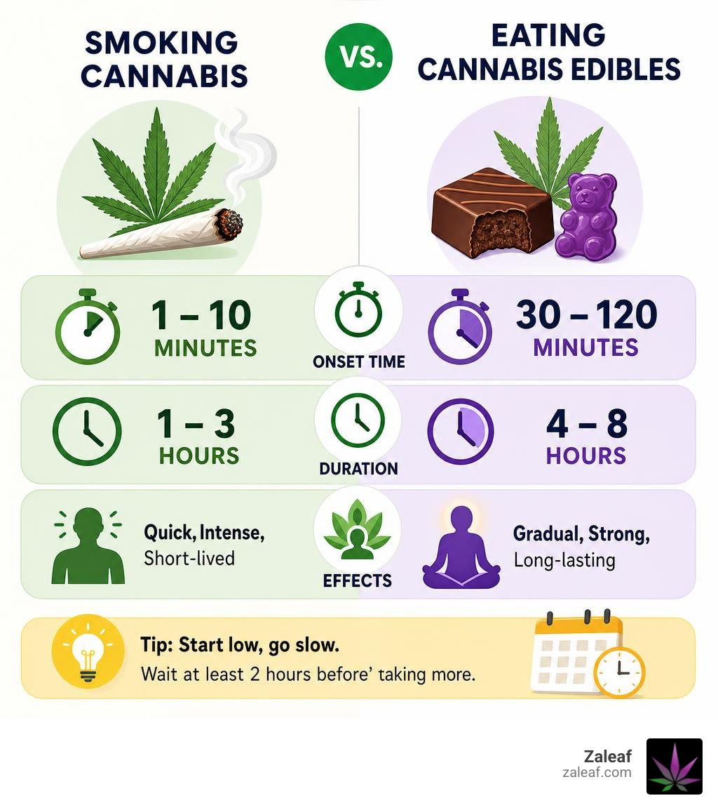 Infographic comparing smoking cannabis vs eating cannabis edibles: onset time, duration, and effects infographic