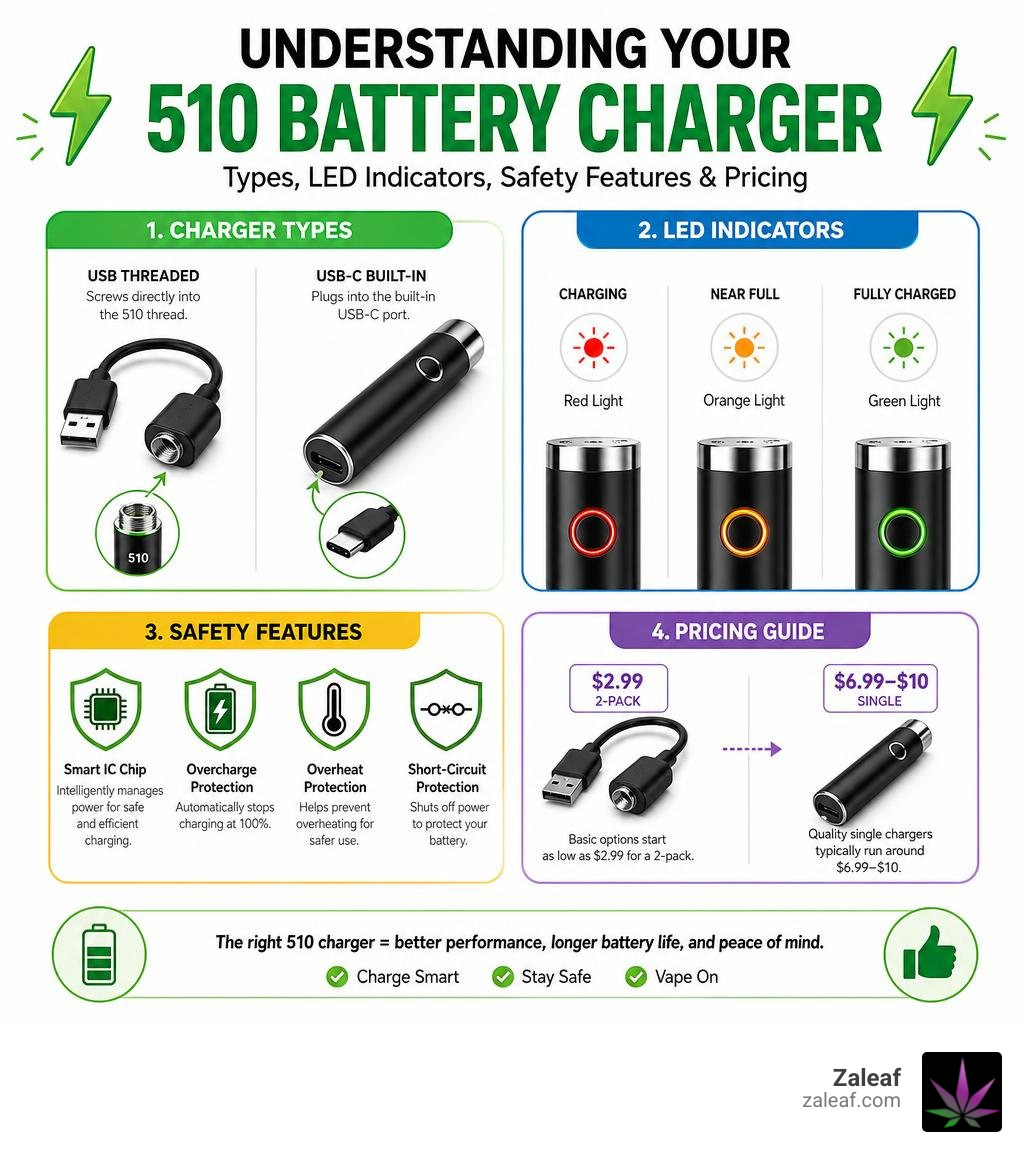 Infographic explaining 510 thread charger types, LED indicators, safety features, and pricing infographic Infographic explaining 510 thread charger types, LED indicators, safety features, and pricing infographic