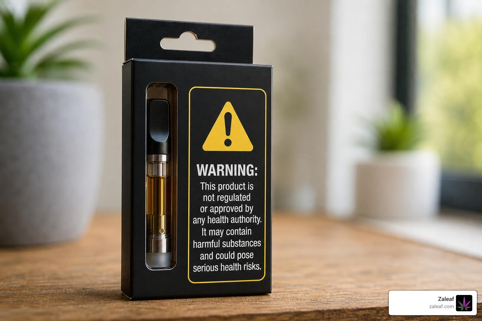 Warning label on a vape cartridge package highlighting unregulated risks Warning label on a vape cartridge package highlighting unregulated risks