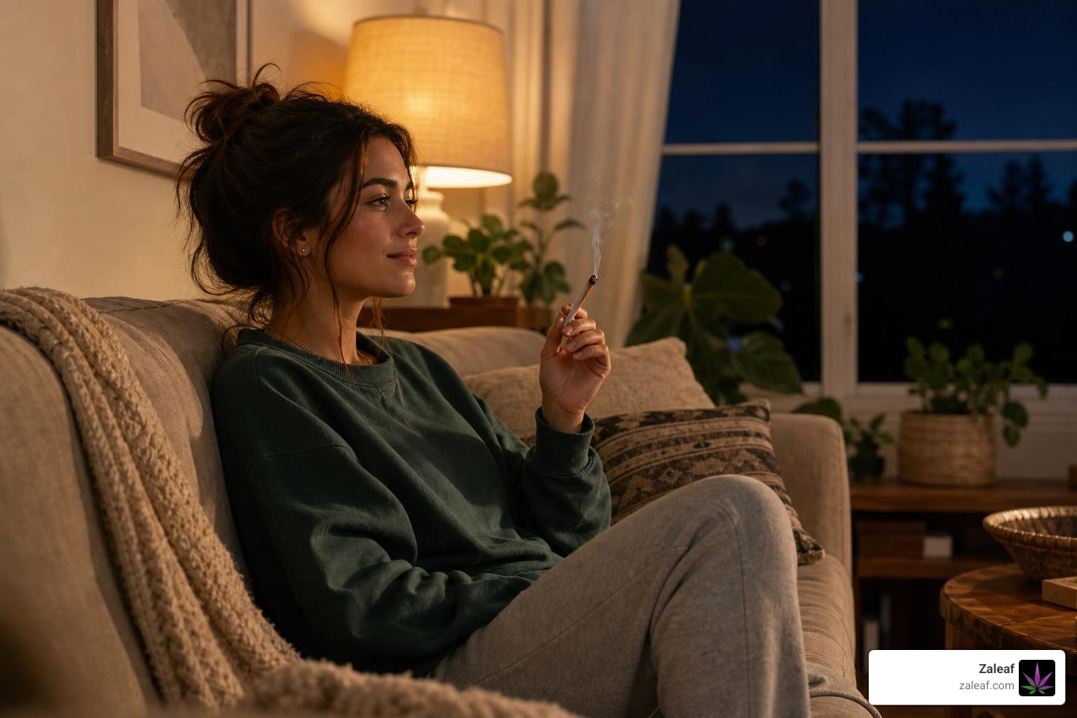A peaceful evening scene of someone relaxing in a comfortable living room with a pre-roll nearby A peaceful evening scene of someone relaxing in a comfortable living room with a pre-roll nearby
