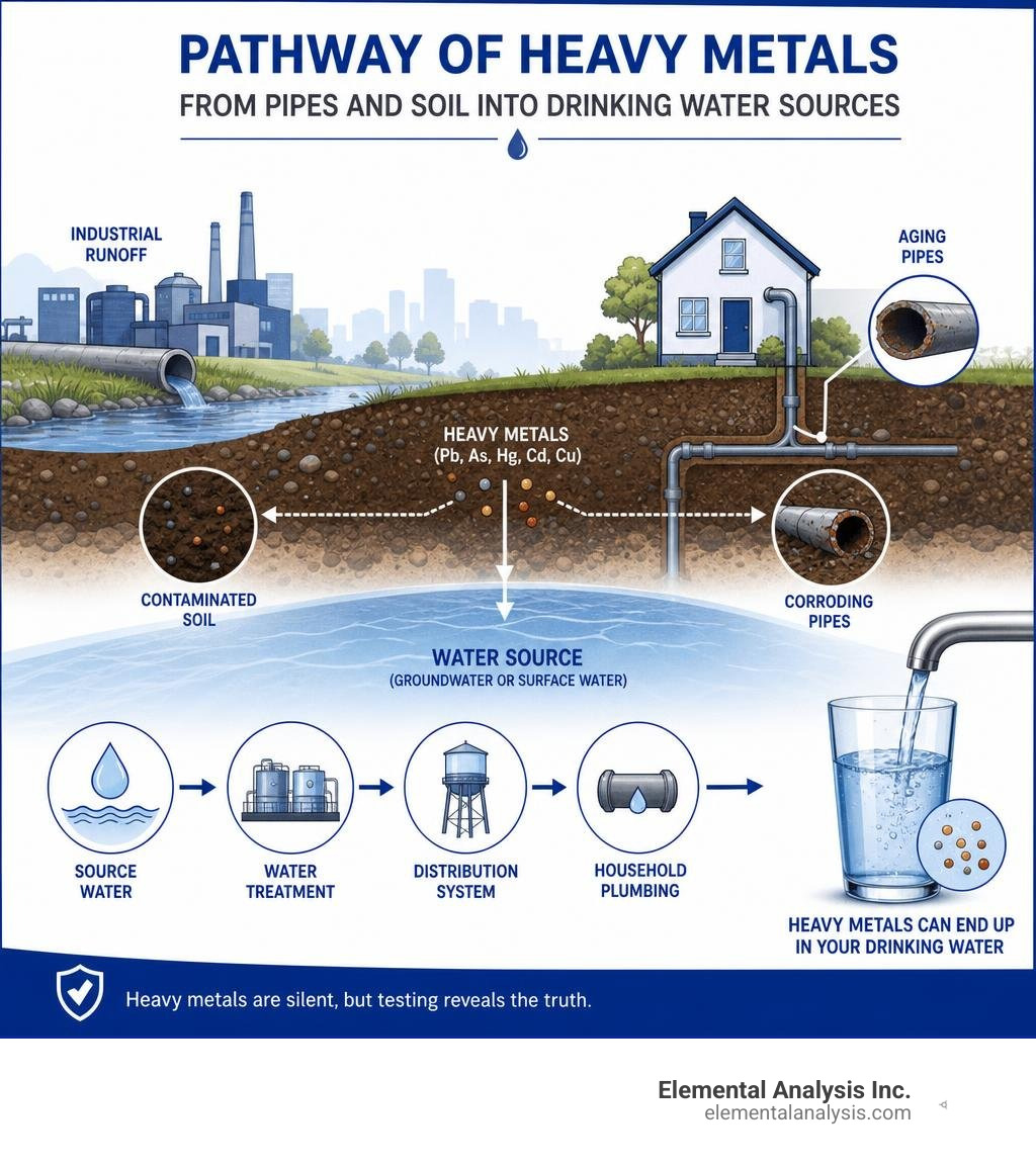 Pathway of heavy metals from pipes and soil into drinking water sources infographic Pathway of heavy metals from pipes and soil into drinking water sources infographic