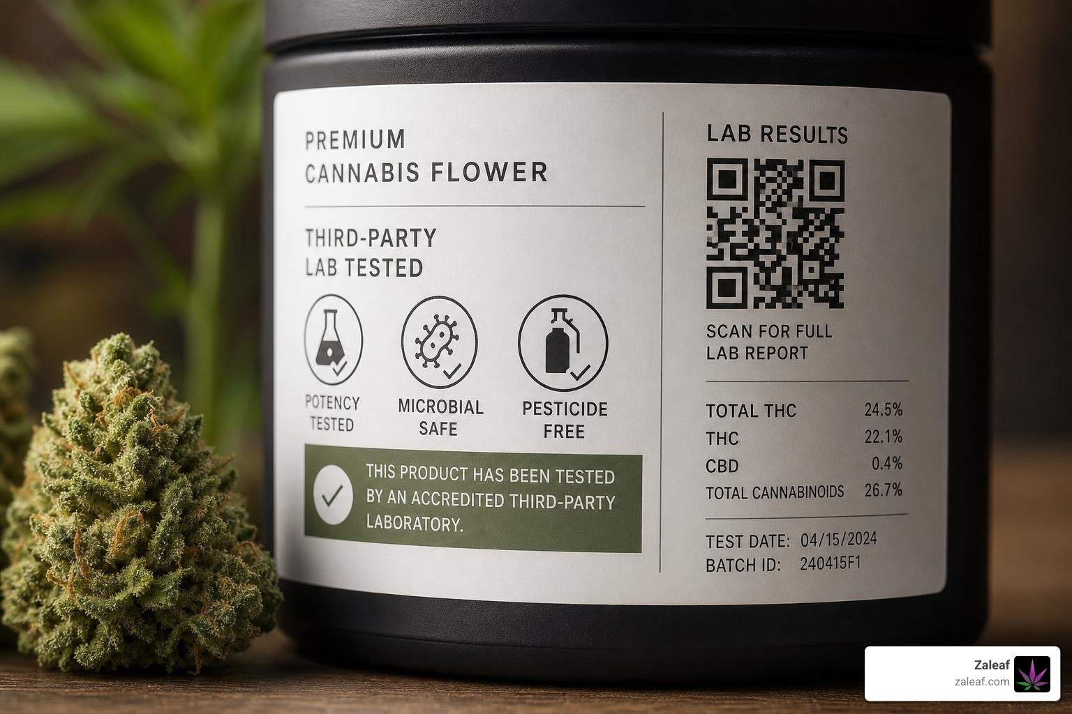 A close-up of a clean, professional cannabis product label showing clear third-party lab testing symbols and QR code A close-up of a clean, professional cannabis product label showing clear third-party lab testing symbols and QR code