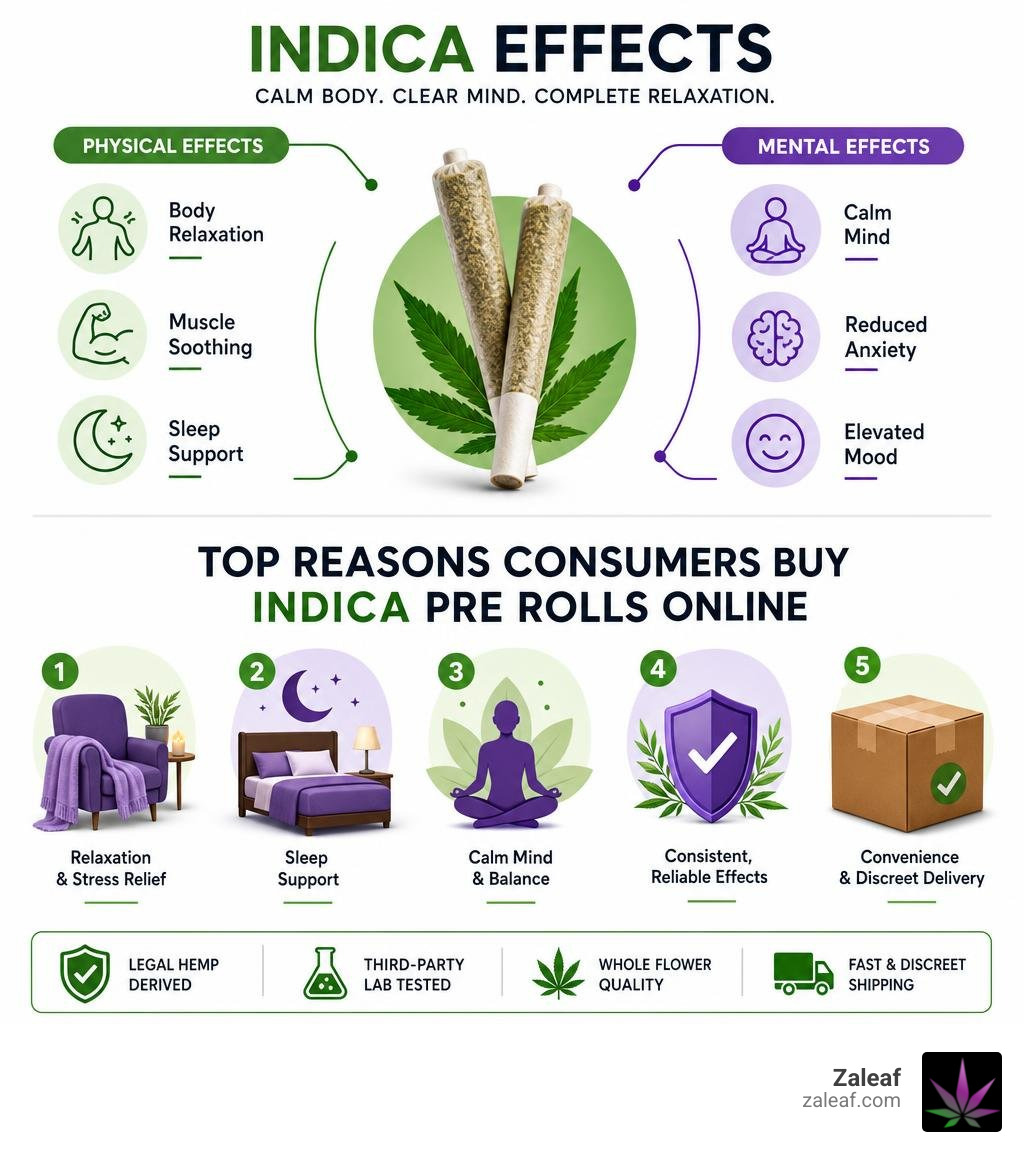 Infographic showing physical and mental effects of indica strains and top reasons consumers buy indica pre rolls online Infographic showing physical and mental effects of indica strains and top reasons consumers buy indica pre rolls online