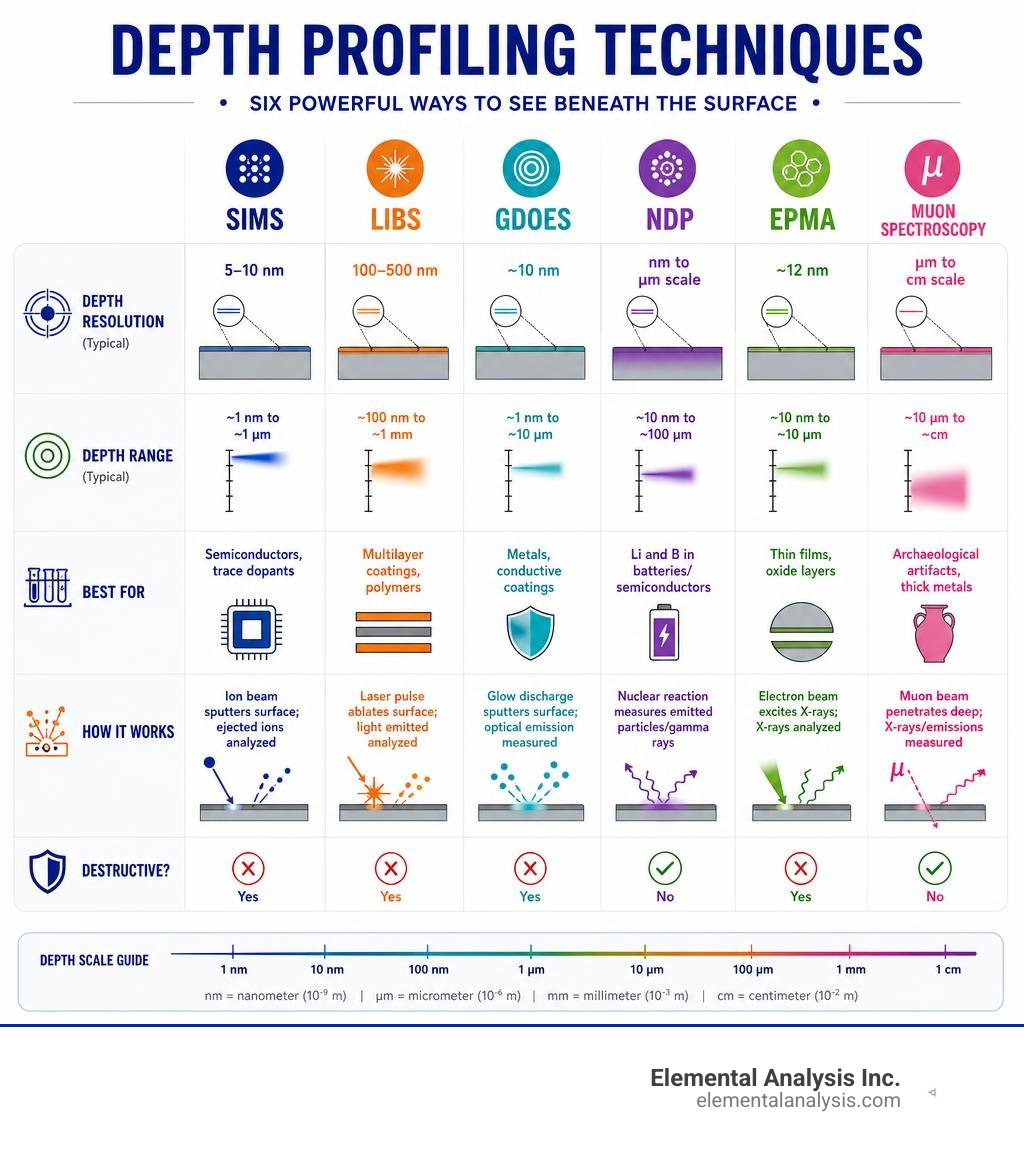 Comparison infographic of depth profiling techniques: SIMS, LIBS, GDOES, NDP, EPMA, and muon spectroscopy infographic Comparison infographic of depth profiling techniques: SIMS, LIBS, GDOES, NDP, EPMA, and muon spectroscopy infographic