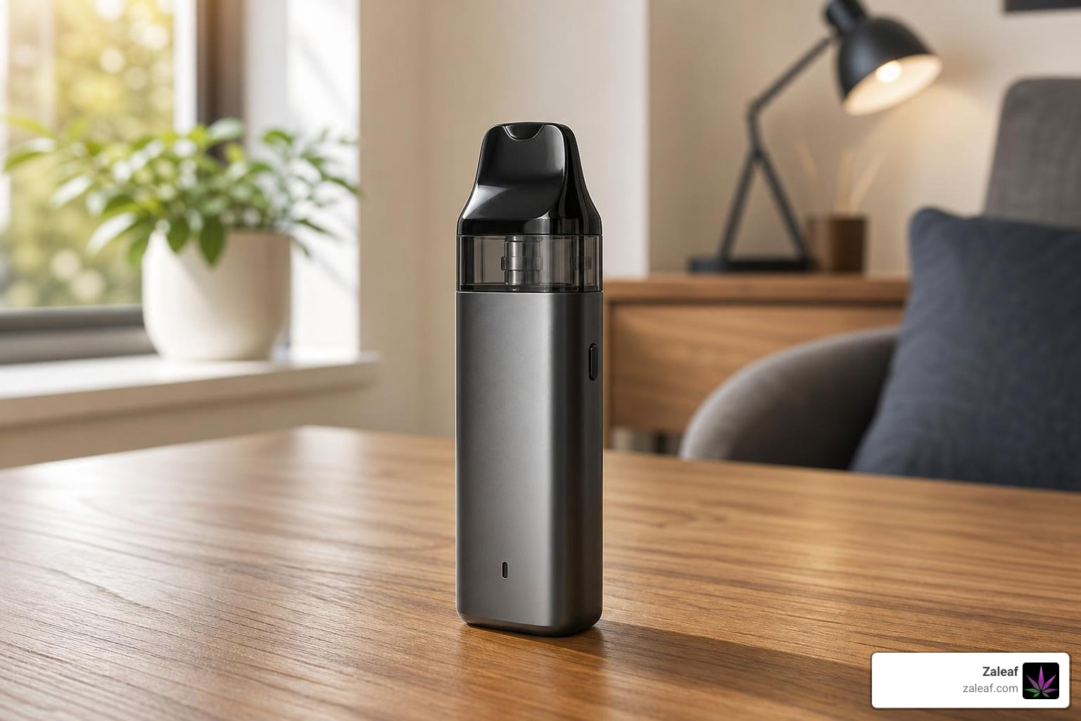 A modern, refillable pod vape kit resting on a table