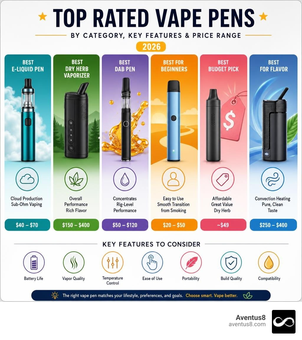 Infographic showing top rated vape pens by category, key features, and price range in 2026 infographic
