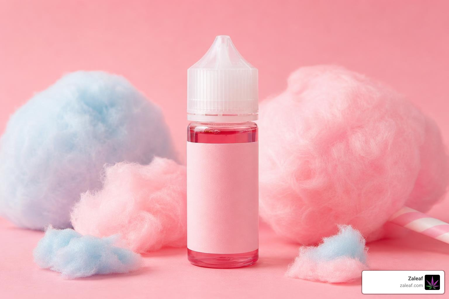 A bottle of sweet cotton candy vape juice on a pastel pink background