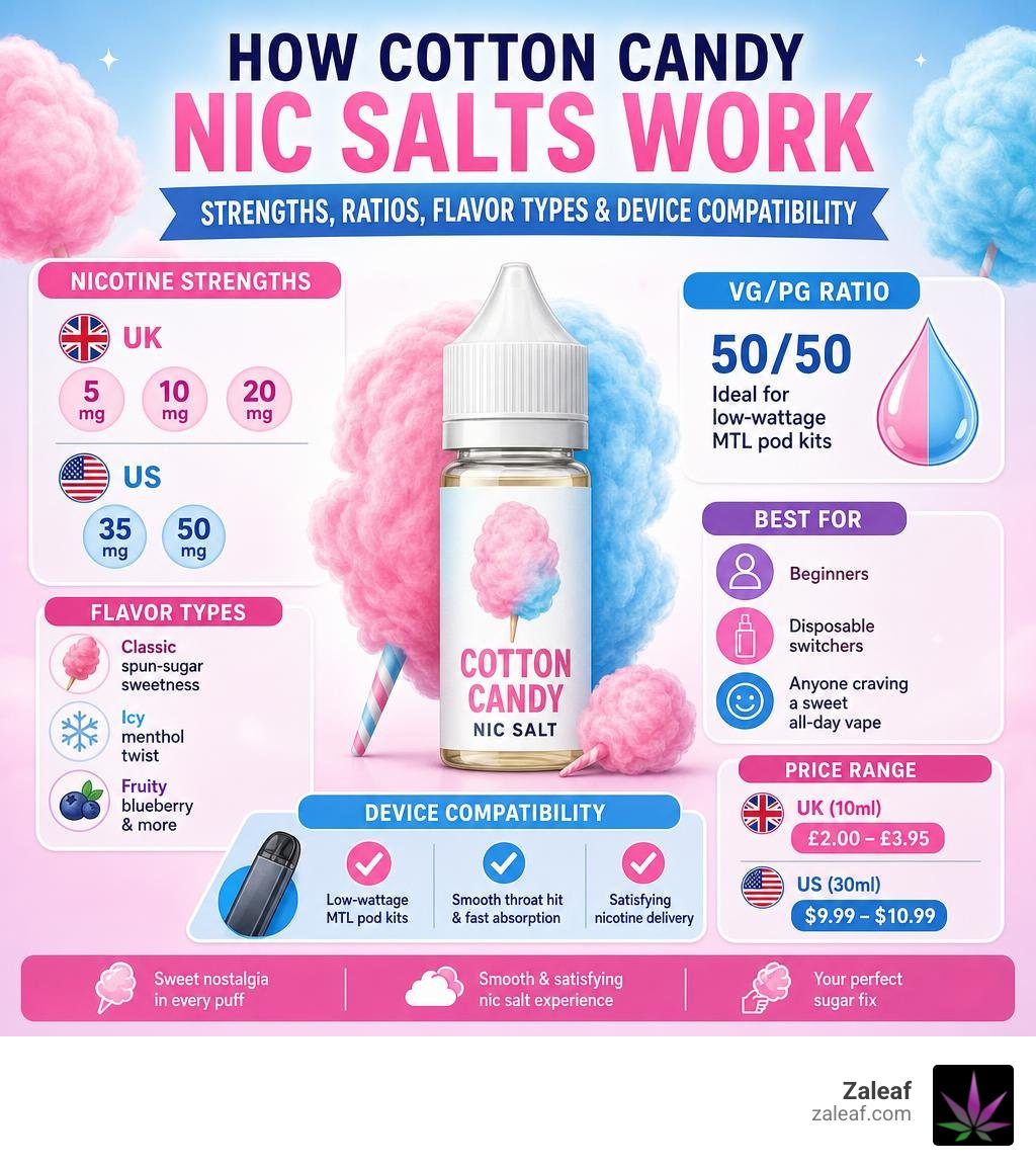 How cotton candy nic salts work: strengths, ratios, flavor types, and device compatibility infographic