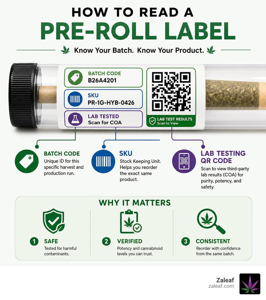 infographic showing how to read a pre-roll label with batch code, SKU, and lab testing QR code infographic infographic showing how to read a pre-roll label with batch code, SKU, and lab testing QR code infographic