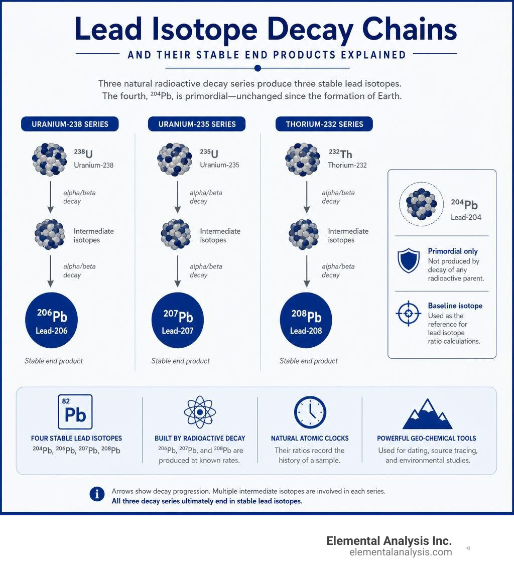Lead isotope decay chains and their stable end products explained infographic Lead isotope decay chains and their stable end products explained infographic