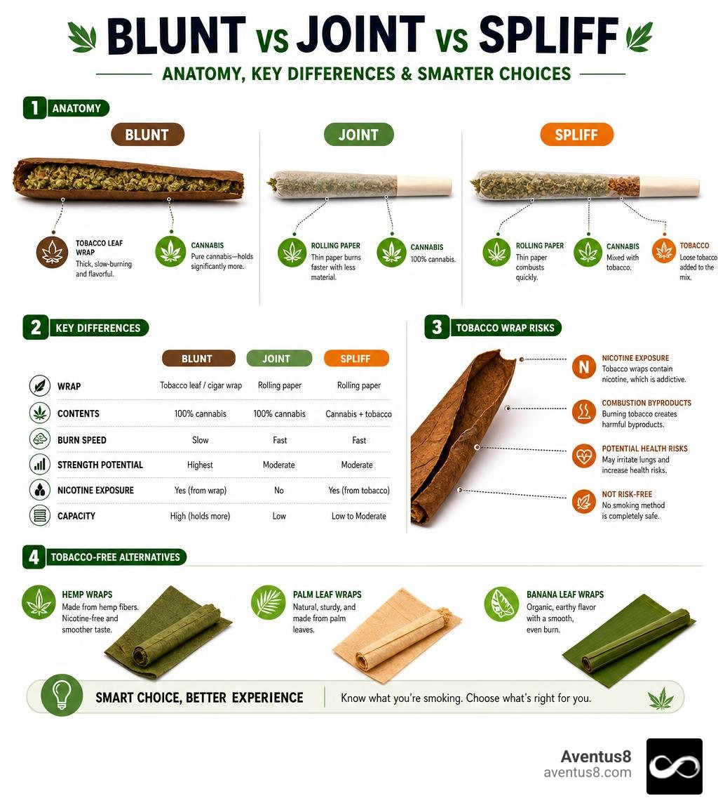 Infographic: anatomy of a blunt vs joint vs spliff, key differences, tobacco wrap risks, and tobacco-free alternatives