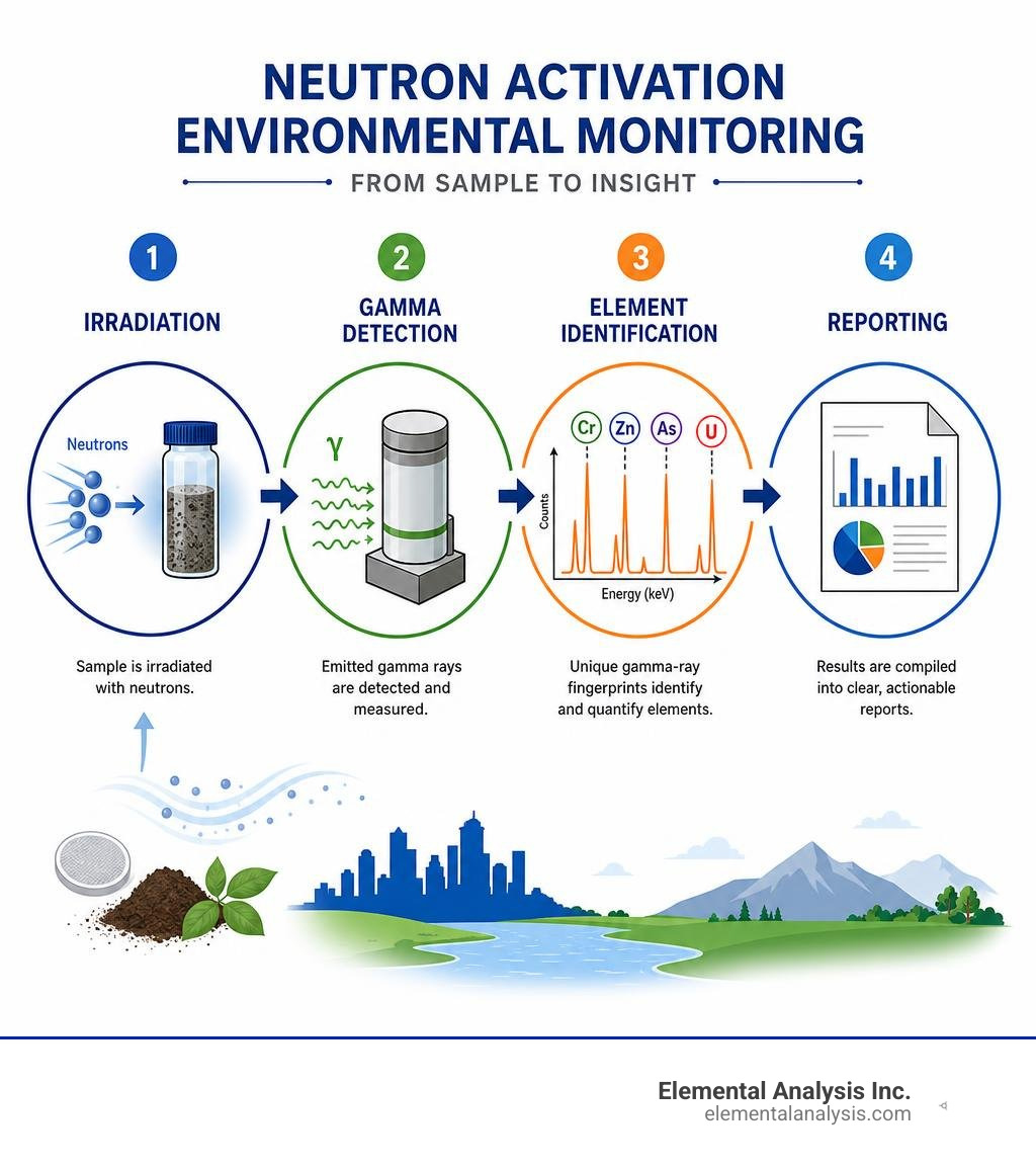 Neutron activation environmental monitoring process: irradiation, gamma detection, element identification, reporting Neutron activation environmental monitoring process: irradiation, gamma detection, element identification, reporting