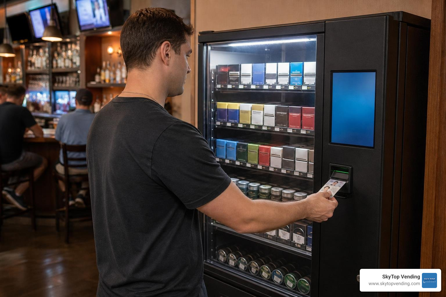 Customer scanning government ID at a modern tobacco vending machine