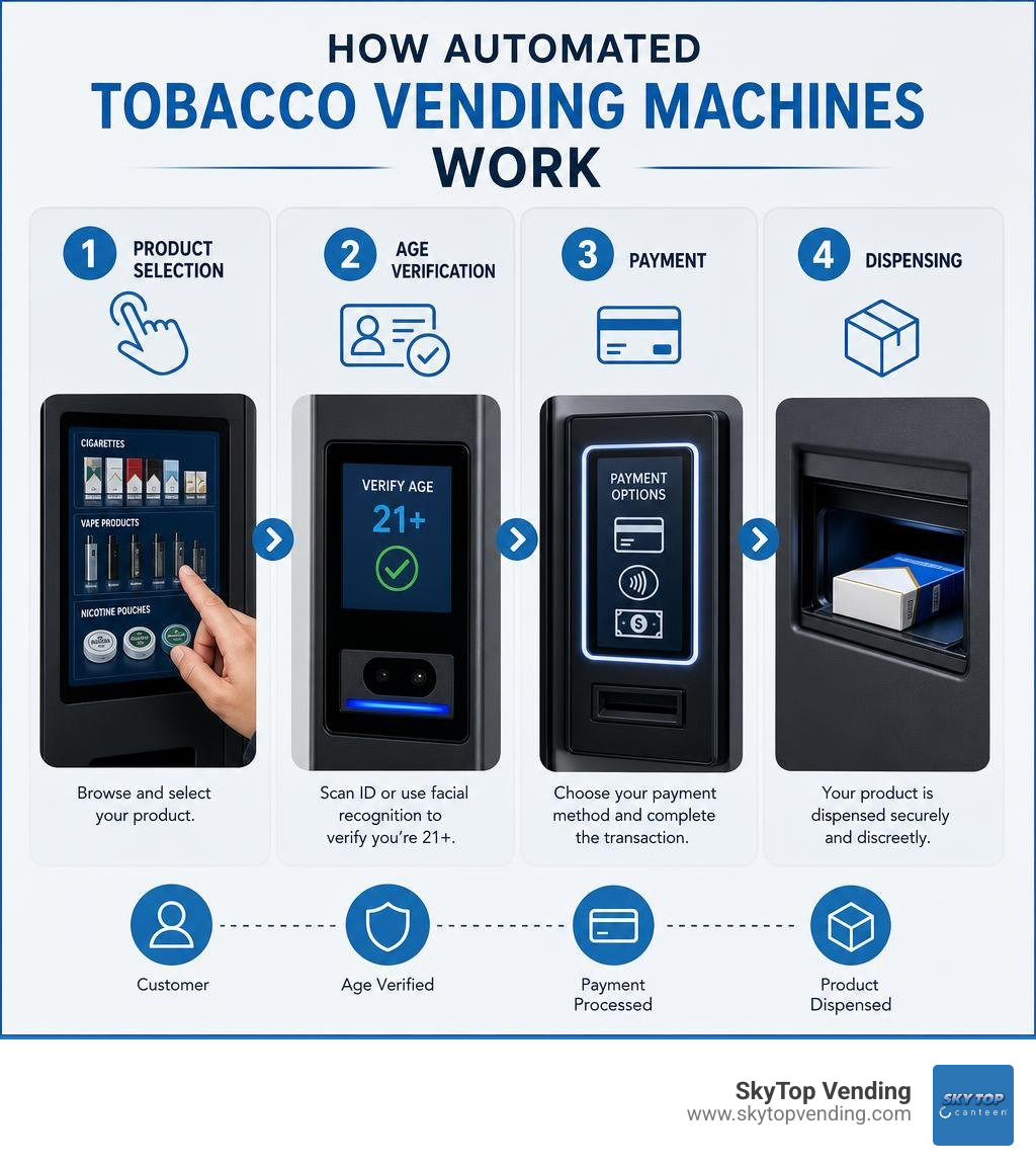 How automated tobacco vending machines work: product selection, age verification, payment, and dispensing infographic