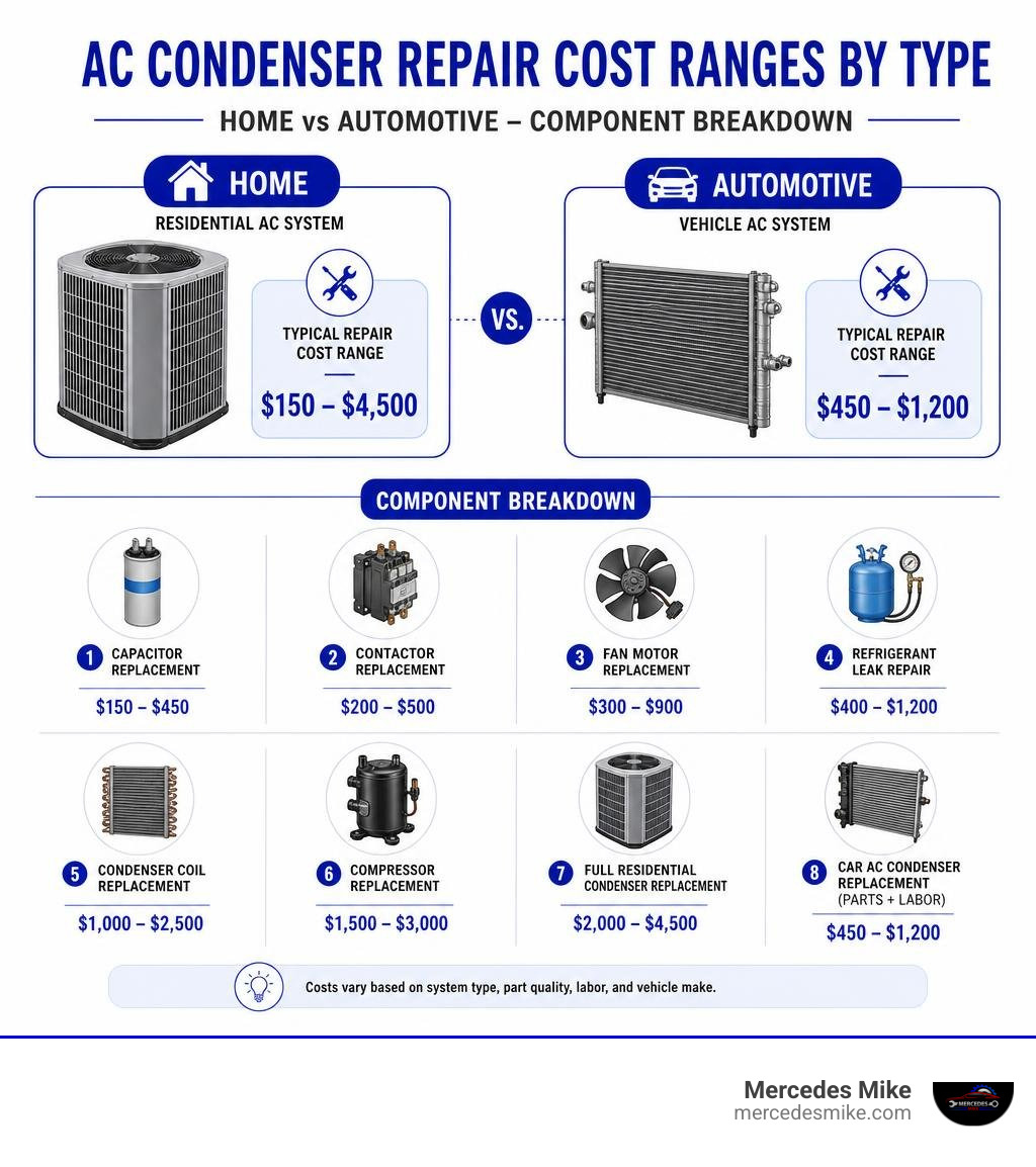 AC condenser repair cost ranges by type — home vs automotive, component breakdown infographic AC condenser repair cost ranges by type — home vs automotive, component breakdown infographic