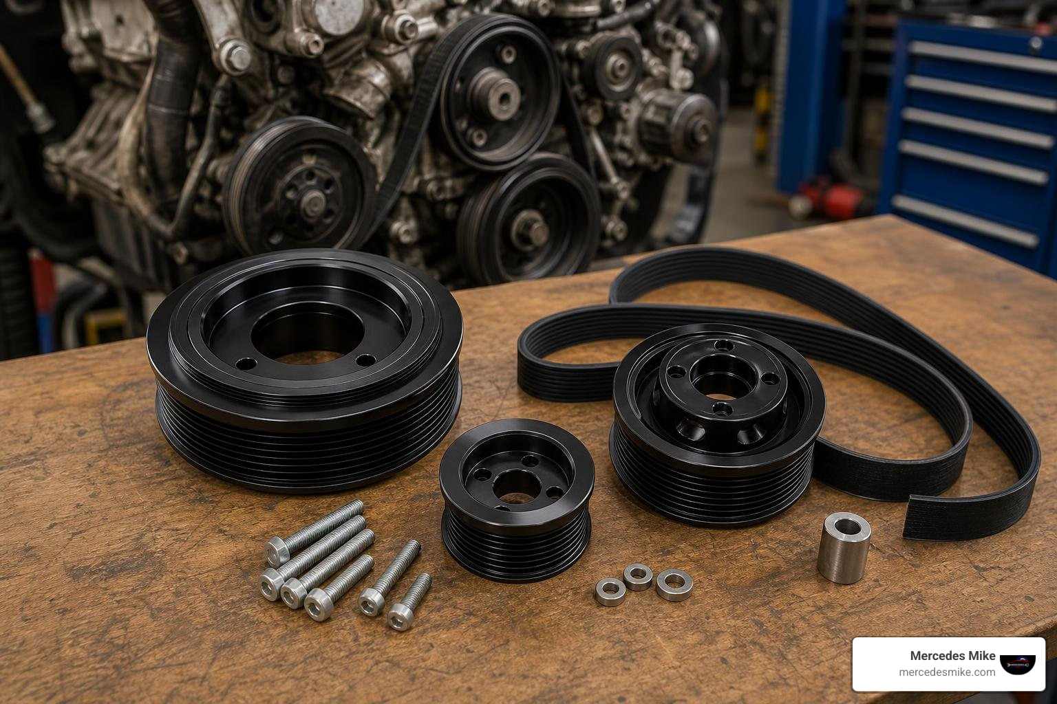 Upgraded supercharger pulley kit with crankshaft, water pump, and compressor pulleys