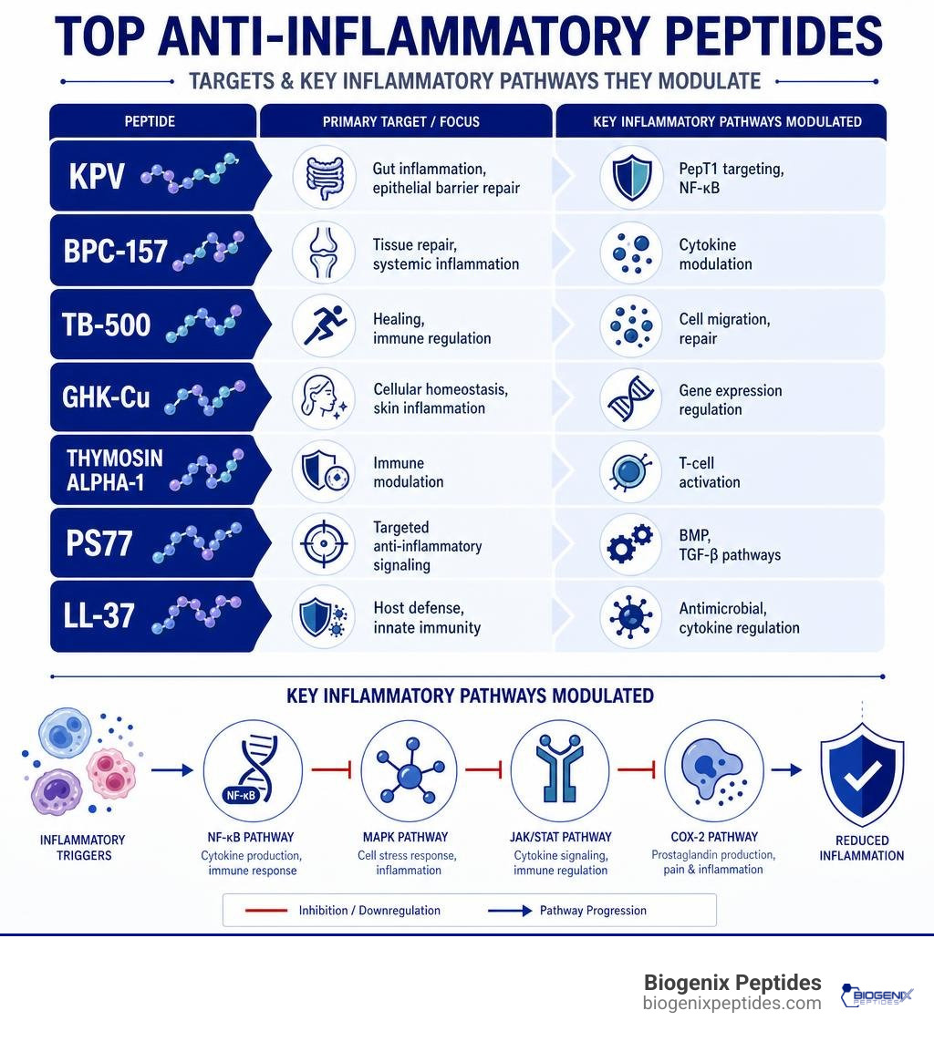 Infographic showing top anti-inflammatory peptides, their targets, and key inflammatory pathways they modulate infographic Infographic showing top anti-inflammatory peptides, their targets, and key inflammatory pathways they modulate infographic