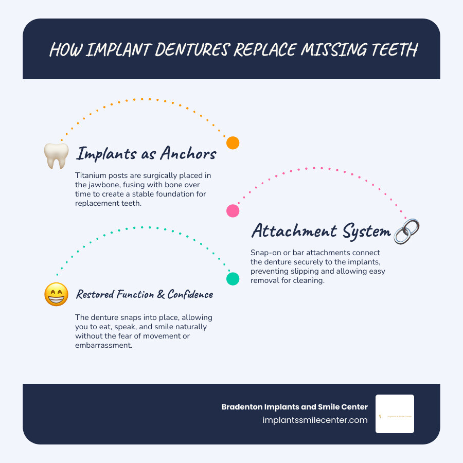 How implant dentures work as a missing teeth solution — overview infographic infographic