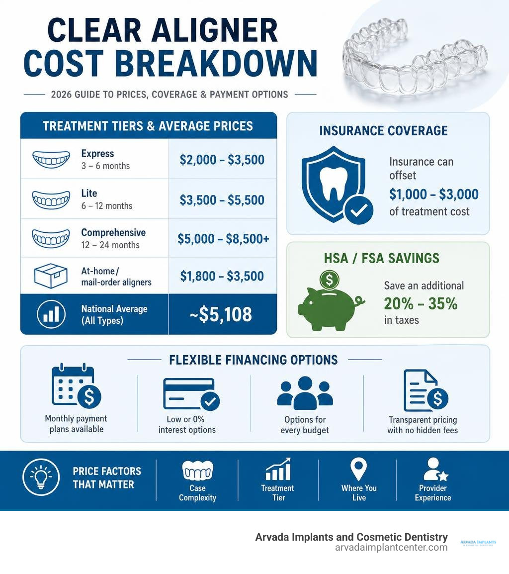 Clear aligner cost breakdown infographic showing treatment tiers, average prices, insurance coverage, and financing options