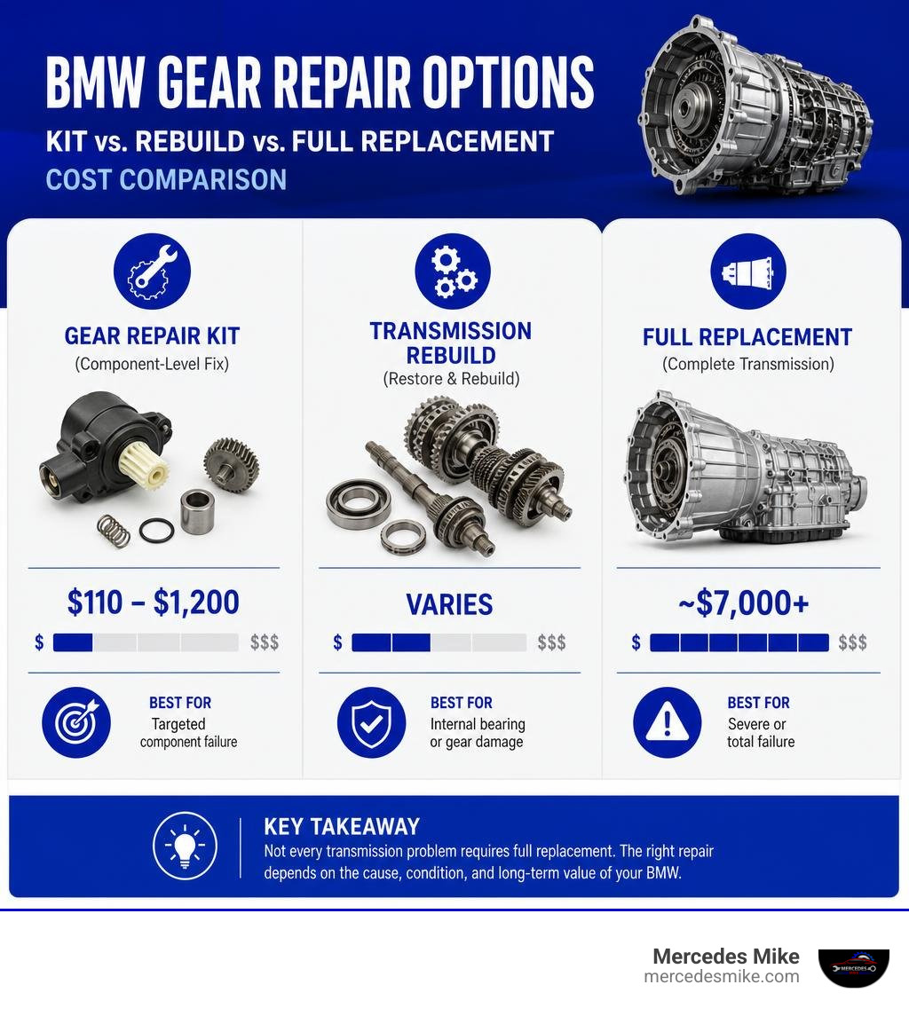 BMW gear repair options: kit vs. rebuild vs. full replacement cost comparison infographic infographic