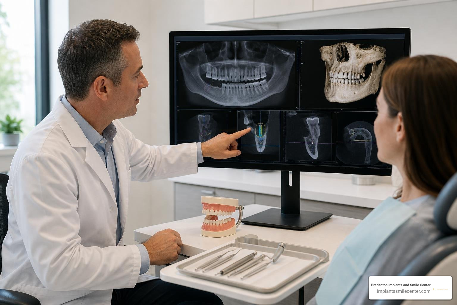 Dentist reviewing a 3D CBCT scan of a patient's jaw and planning implant placement