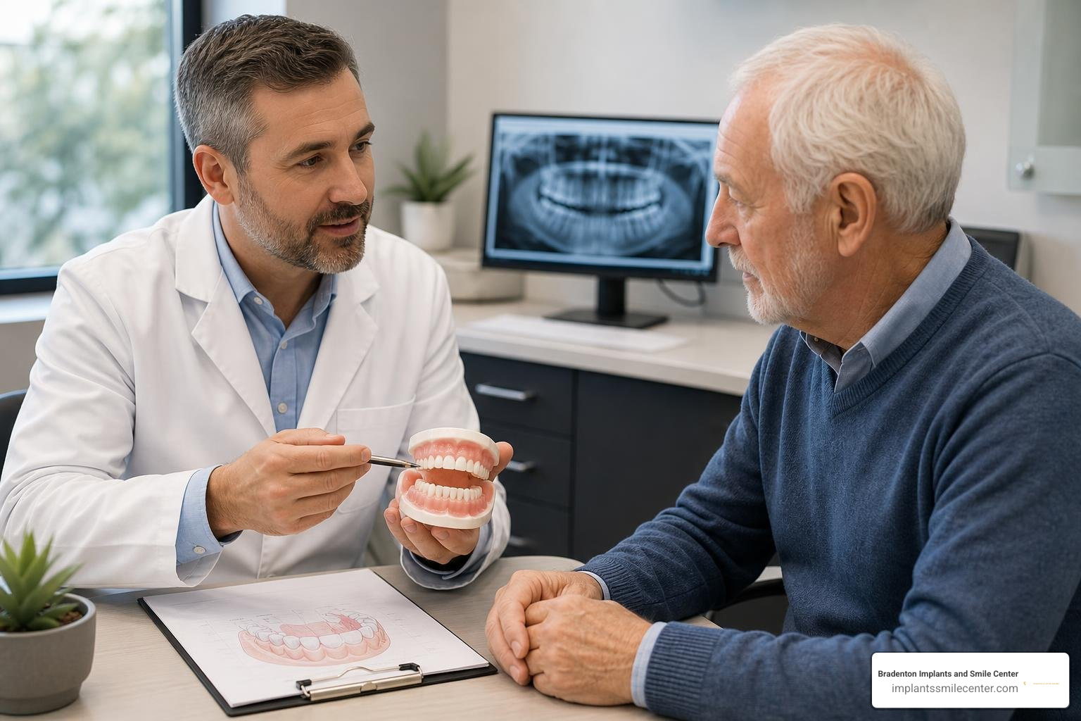 a dentist explaining denture treatment plan to a patient during a consultation
