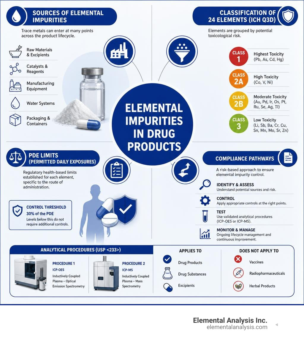 Sources of elemental impurities in drug products, classification, PDE limits, and compliance pathways infographic Sources of elemental impurities in drug products, classification, PDE limits, and compliance pathways infographic