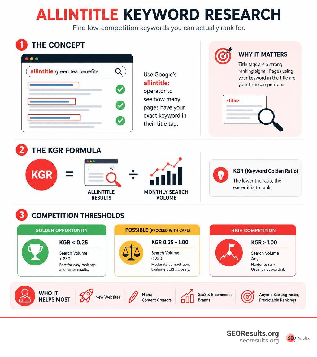 Infographic explaining allintitle keyword research concept, KGR formula, and competition thresholds infographic Infographic explaining allintitle keyword research concept, KGR formula, and competition thresholds infographic