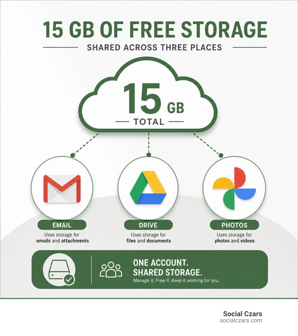 Google storage allocation breakdown showing 15GB shared across Gmail, Drive, and Photos infographic Google storage allocation breakdown showing 15GB shared across Gmail, Drive, and Photos infographic