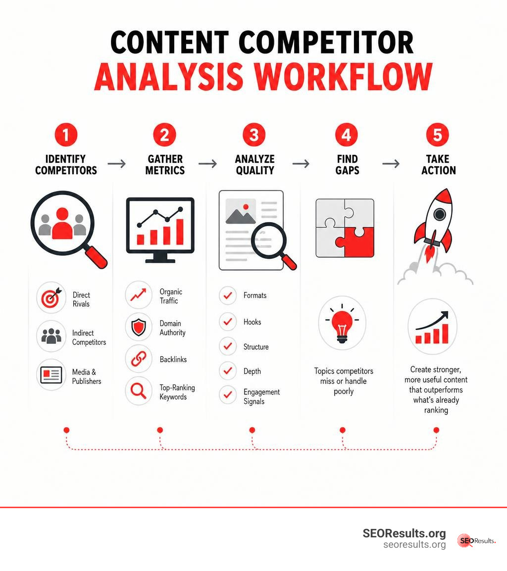 Content competitor analysis workflow: identify competitors, gather metrics, analyze quality, find gaps, take action