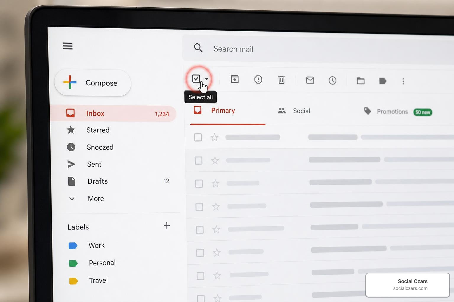 Gmail desktop interface highlighting the select all checkbox