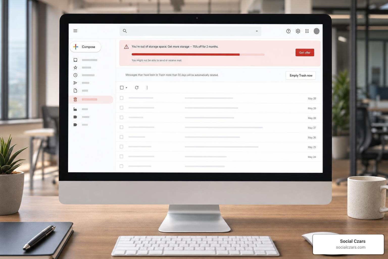 Google storage quota warning and the empty trash button