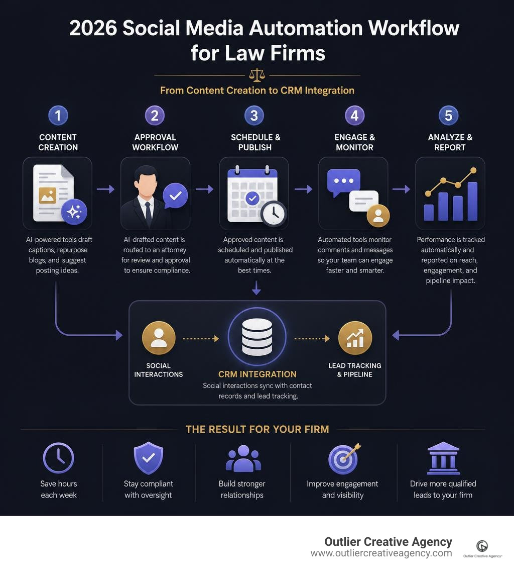 2026 social media automation workflow for law firms: from content creation to CRM integration infographic